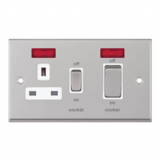 Selectric 7M-Pro Satin Chrome 45A DP Switch and 13A Switched Socket with Neon and White Insert